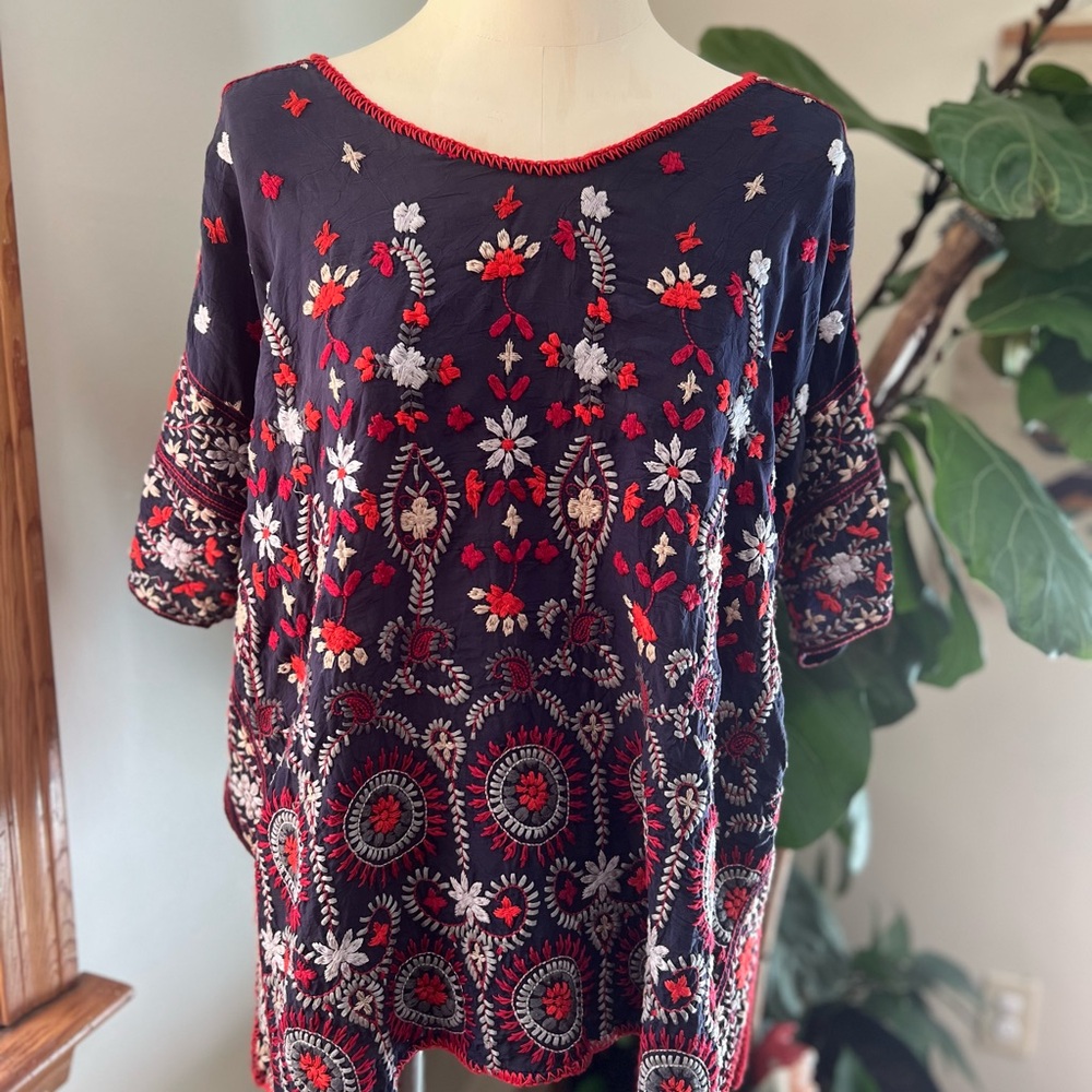 Johnny Was Blue/Red/White Heavily Embroidered Floral Blouse, Medium